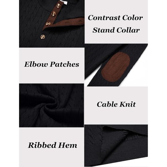 Men's Cable Knitted Pullover Sweaters Long Sleeve Stand Collar Button Up Black - Picture 6 of 6
